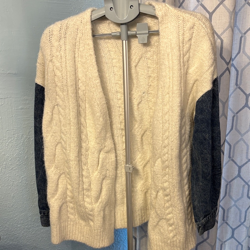 MACARON Ivory Cable Knit Cardigan with Denim Sleeves